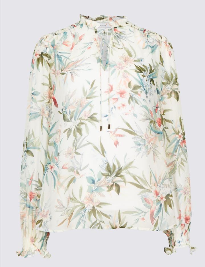 Marks & Spencer Floral Print Tie Neck Long Sleeve Blouse Ivory Mix