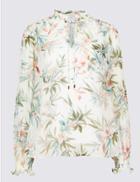 Marks & Spencer Floral Print Tie Neck Long Sleeve Blouse Ivory Mix