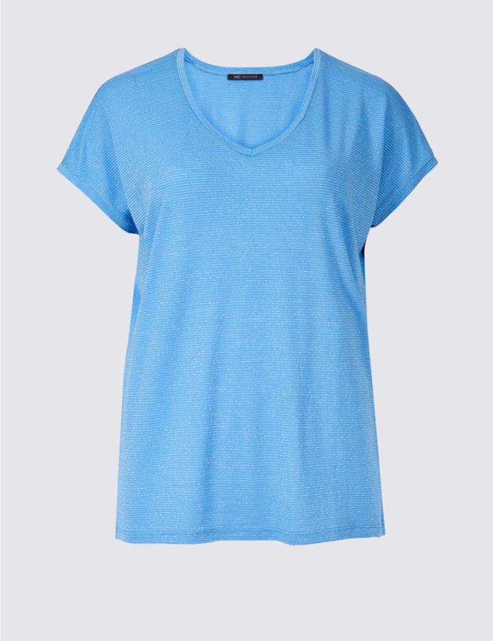 Marks & Spencer Striped V-neck Short Sleeve T-shirt Cornflower