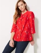Marks & Spencer Cotton Rich Floral Print 3/4 Sleeve Shirt Red Mix