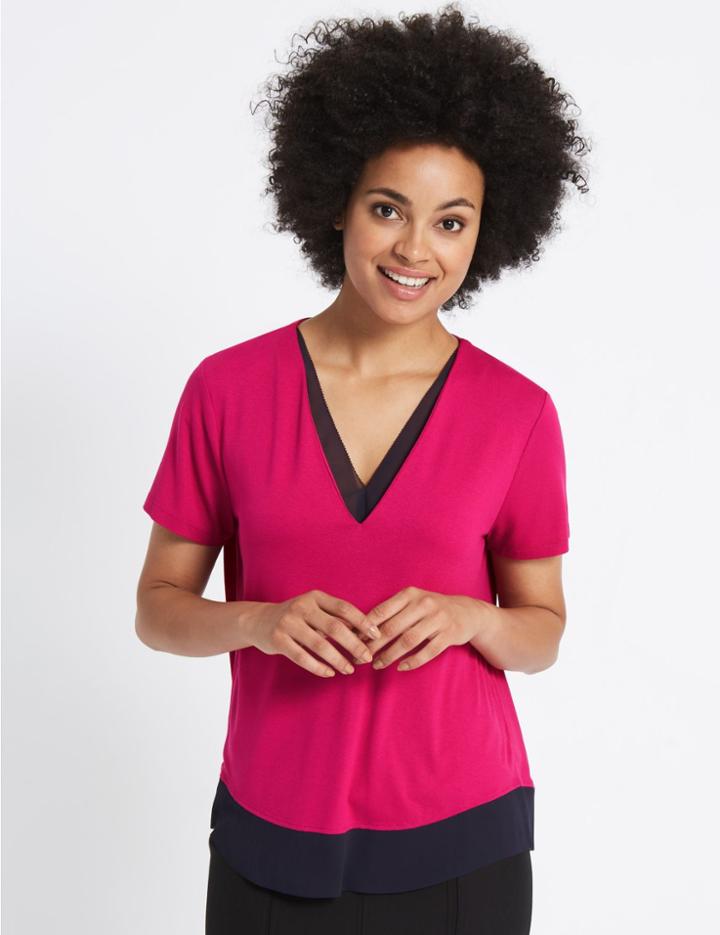 Marks & Spencer V-neck Short Sleeve Blouse Bright Pink