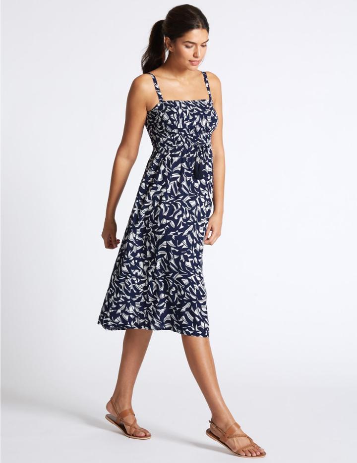 Marks & Spencer Shirred Printed Midi Dress Blue Mix
