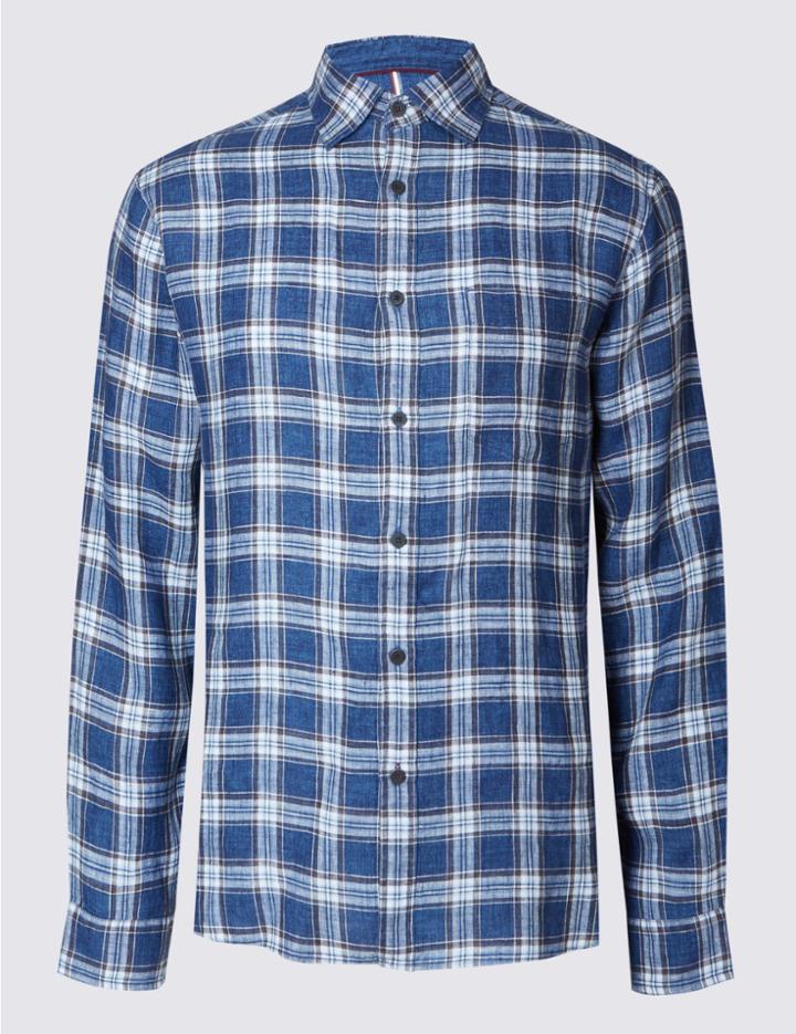 Marks & Spencer Pure Linen Checked Shirt With Pocket Blue Mix