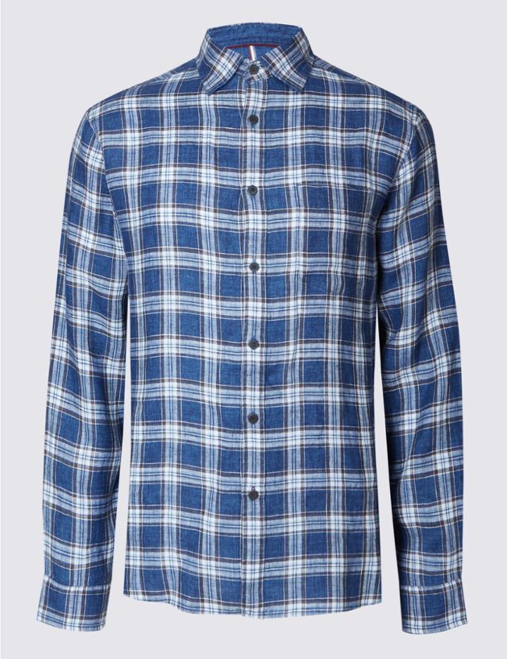 Marks & Spencer Pure Linen Checked Shirt With Pocket Blue Mix