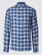 Marks & Spencer Pure Linen Checked Shirt With Pocket Blue Mix