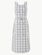 Marks & Spencer Pure Linen Checked Midi Relaxed Dress Ivory Mix
