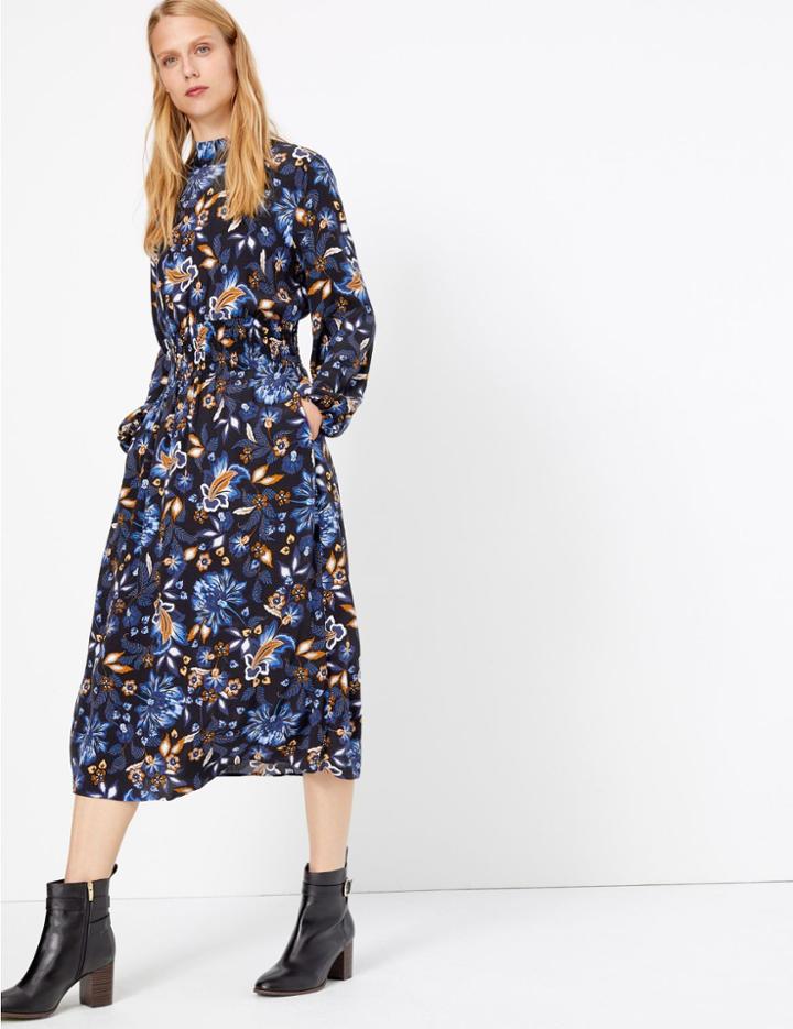 Marks & Spencer Floral Waisted Midi Dress Black Mix