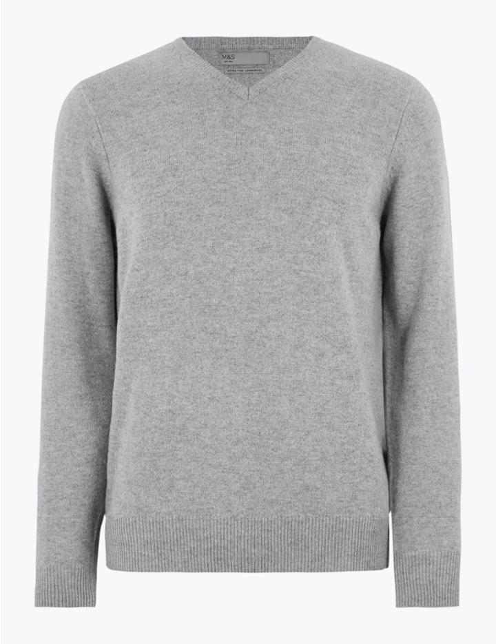 Marks & Spencer Extra Fine Lambswool V-neck Jumper Mid Grey