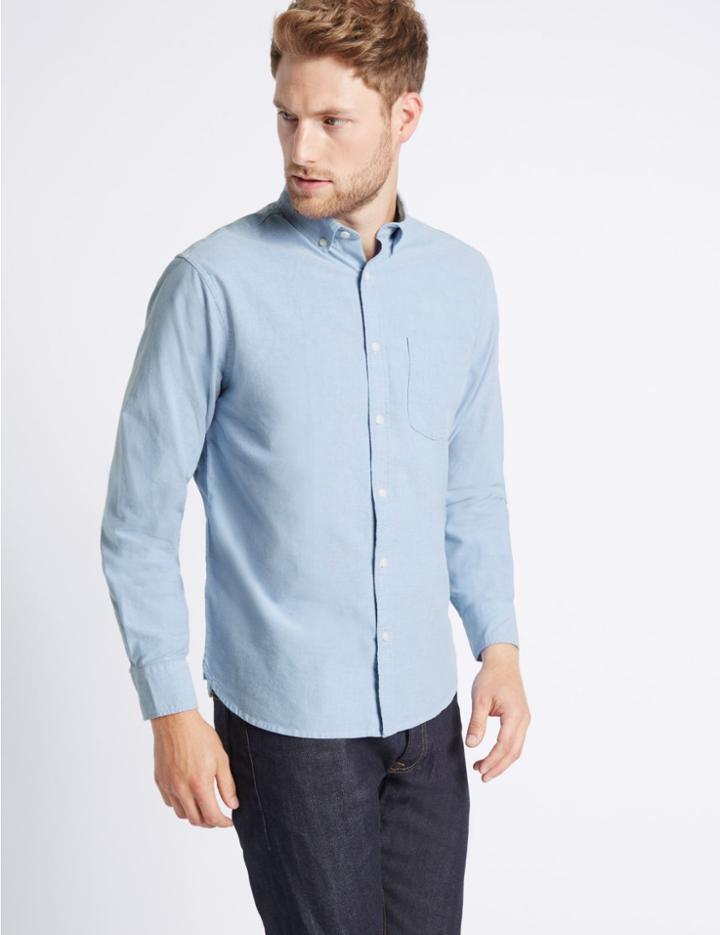 Marks & Spencer Pure Cotton Plain Oxford Shirt Blue
