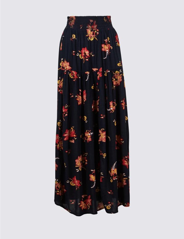 Marks & Spencer Floral Print Crinkle Full Maxi Skirt Navy Mix