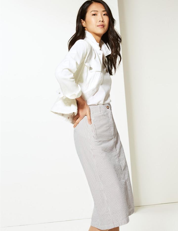 Marks & Spencer Pure Cotton Striped A-line Midi Skirt Natural