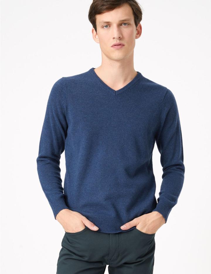 Marks & Spencer Pure Extra Fine Lambswool V-neck Jumper Indigo
