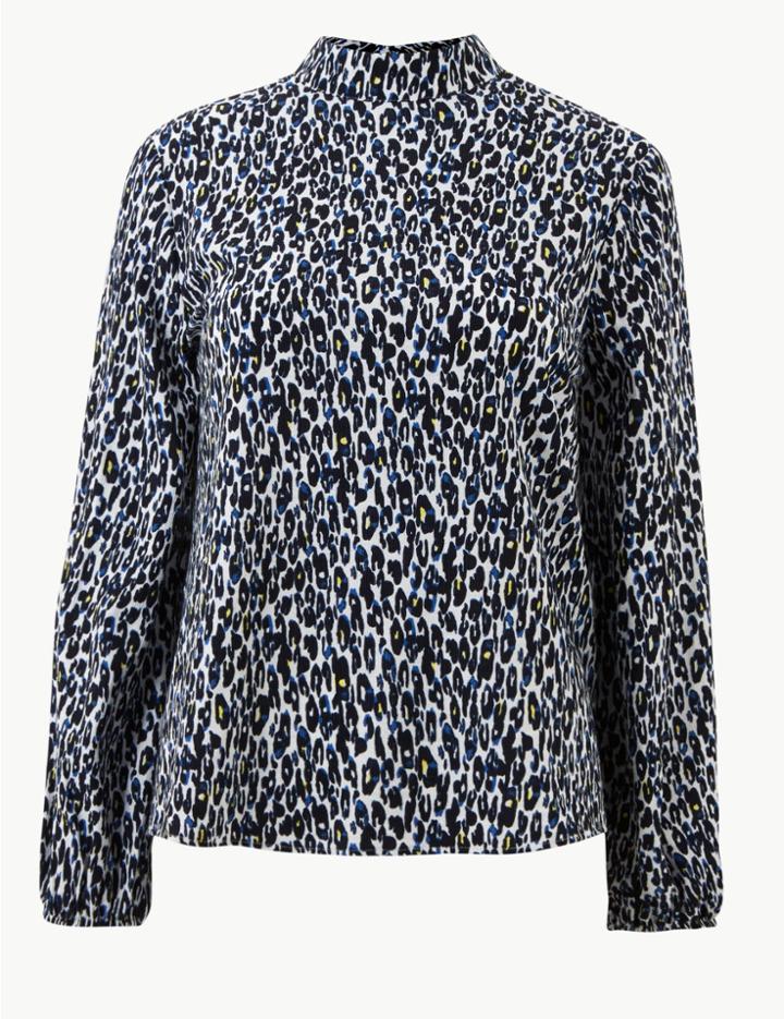 Marks & Spencer Animal Print High Neck Long Sleeve Blouse Ivory Mix