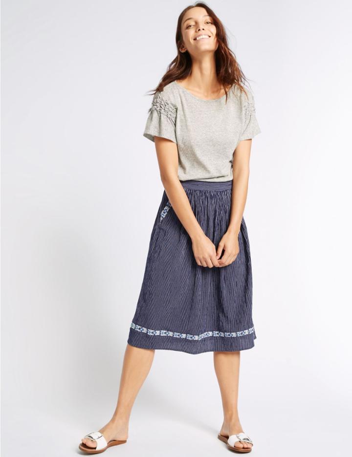 Marks & Spencer Cotton Blend Striped A-line Midi Skirt Navy Stripe