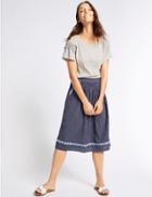 Marks & Spencer Cotton Blend Striped A-line Midi Skirt Navy Stripe