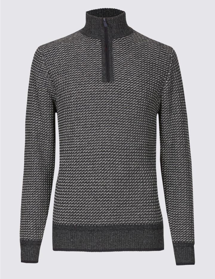 Marks & Spencer Cotton Blend Textured Half Zipped Jumper Charcoal Mix