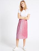 Marks & Spencer Crushed Velvet Pleated A-line Midi Skirt Soft Pink