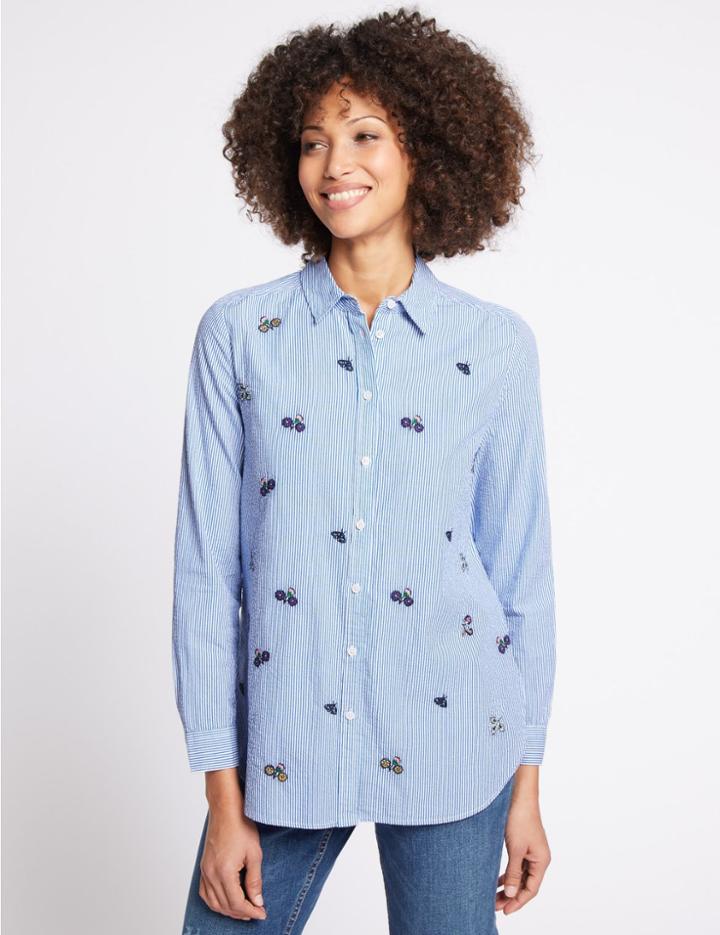 Marks & Spencer Pure Cotton Embroidered Long Sleeve Shirt Blue Mix
