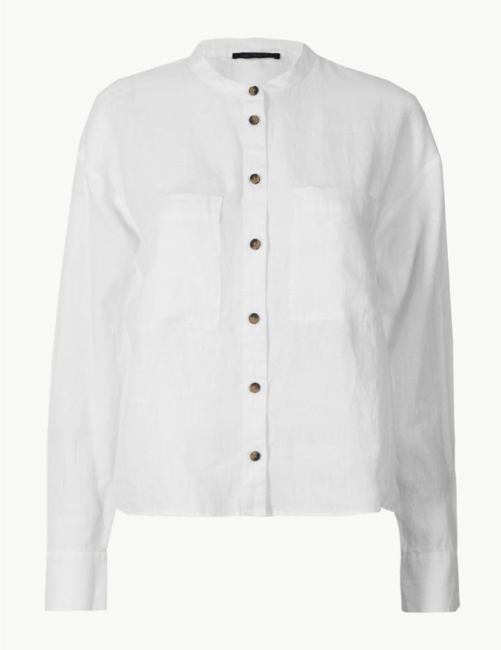 Marks & Spencer Pure Linen Round Neck Long Sleeve Shirt White