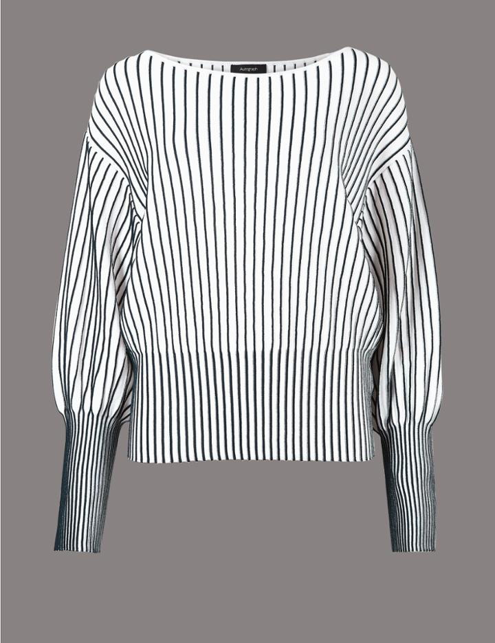 Marks & Spencer Vertical Stripe Bubble Sleeve Jumper Soft White