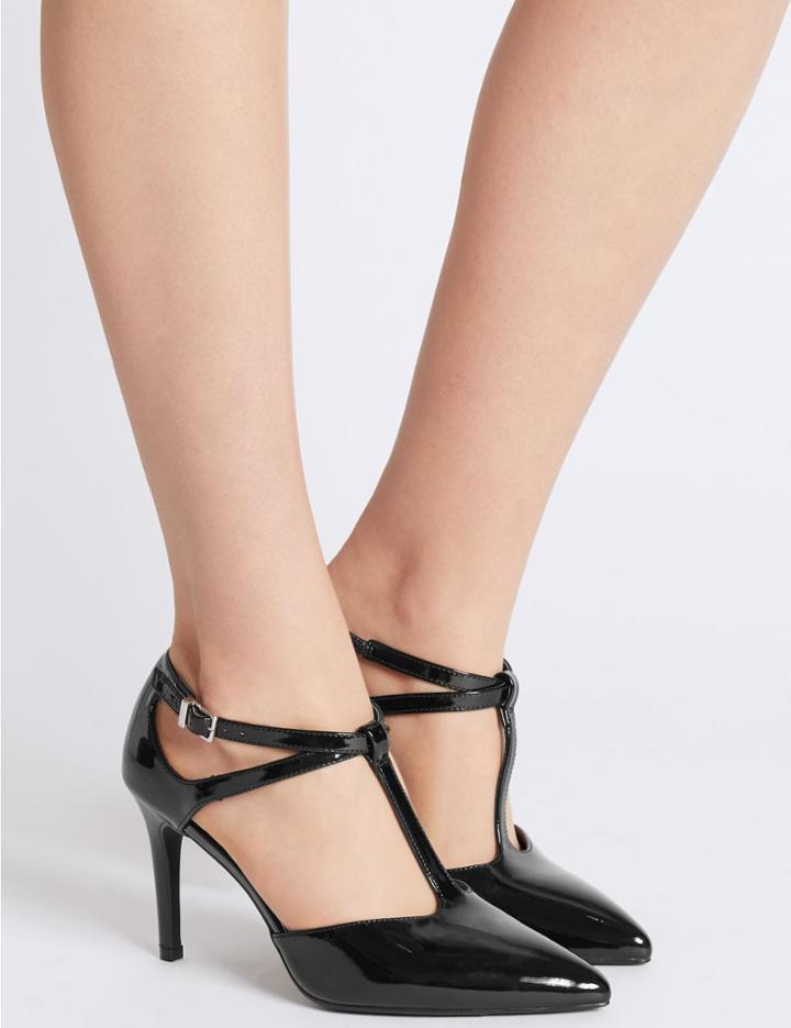 Marks & Spencer Wide Fit Stiletto Heel T-bar Court Shoes Black