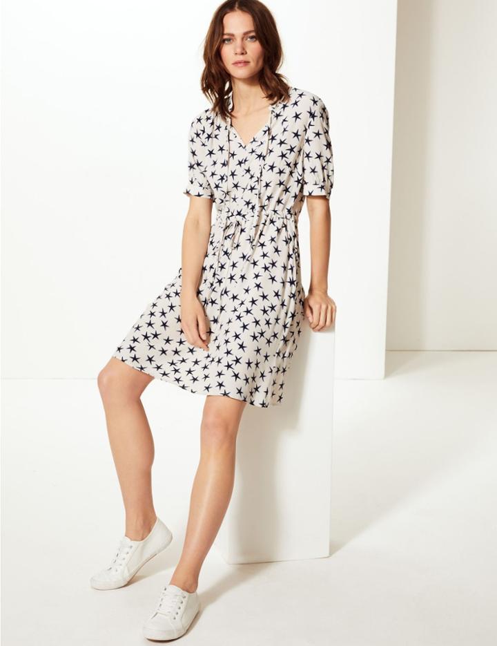 Marks & Spencer Star Print Waisted Mini Dress Ivory Mix