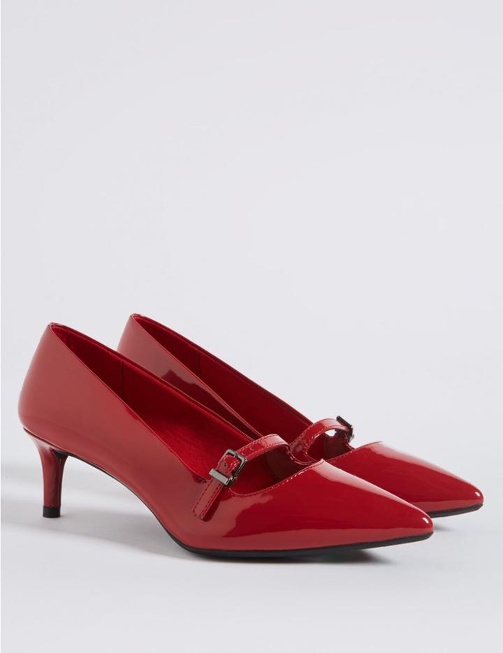 Marks & Spencer Wide Fit Kitten Heel Bar Court Shoes Red