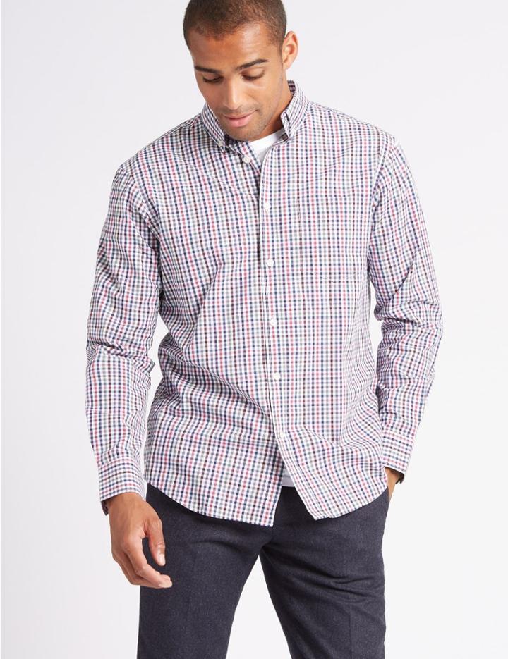 Marks & Spencer Pure Cotton Checked Shirt With Pocket Wine