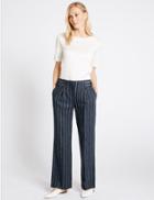 Marks & Spencer Linen Rich Striped Wide Leg Trousers Navy Mix