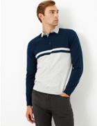 Marks & Spencer Cotton Striped Long Sleeve Polo Shirt Grey Mix