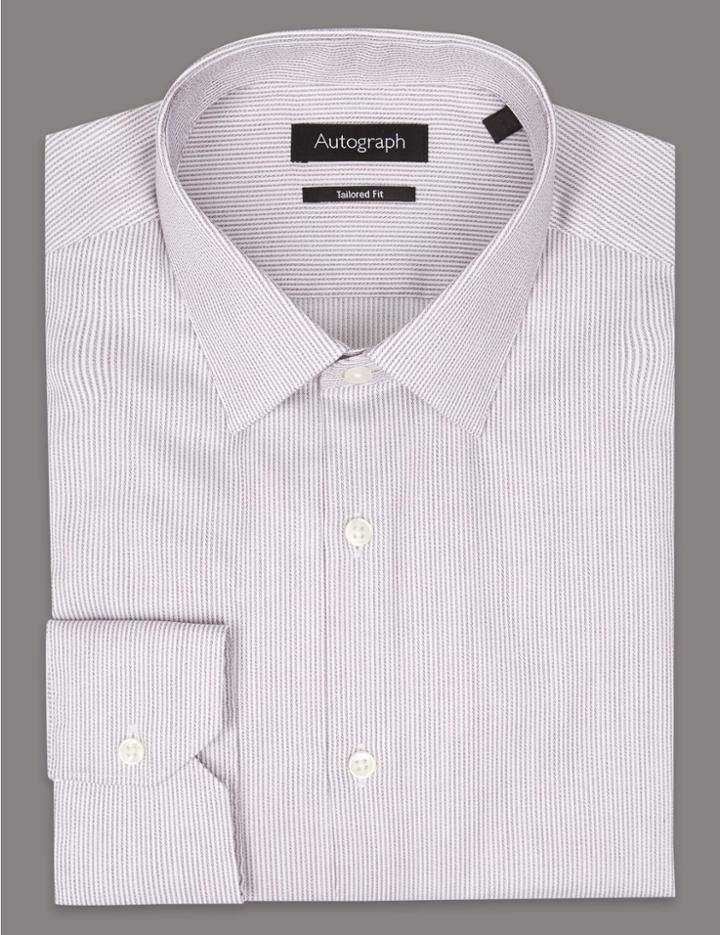 Marks & Spencer Pure Cotton Tailored Fit Striped Shirt Burgundy Mix