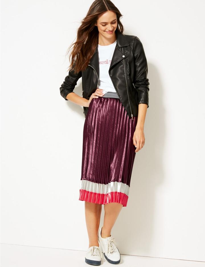 Marks & Spencer Colour Block Satin Pleated Midi Skirt Plum Mix