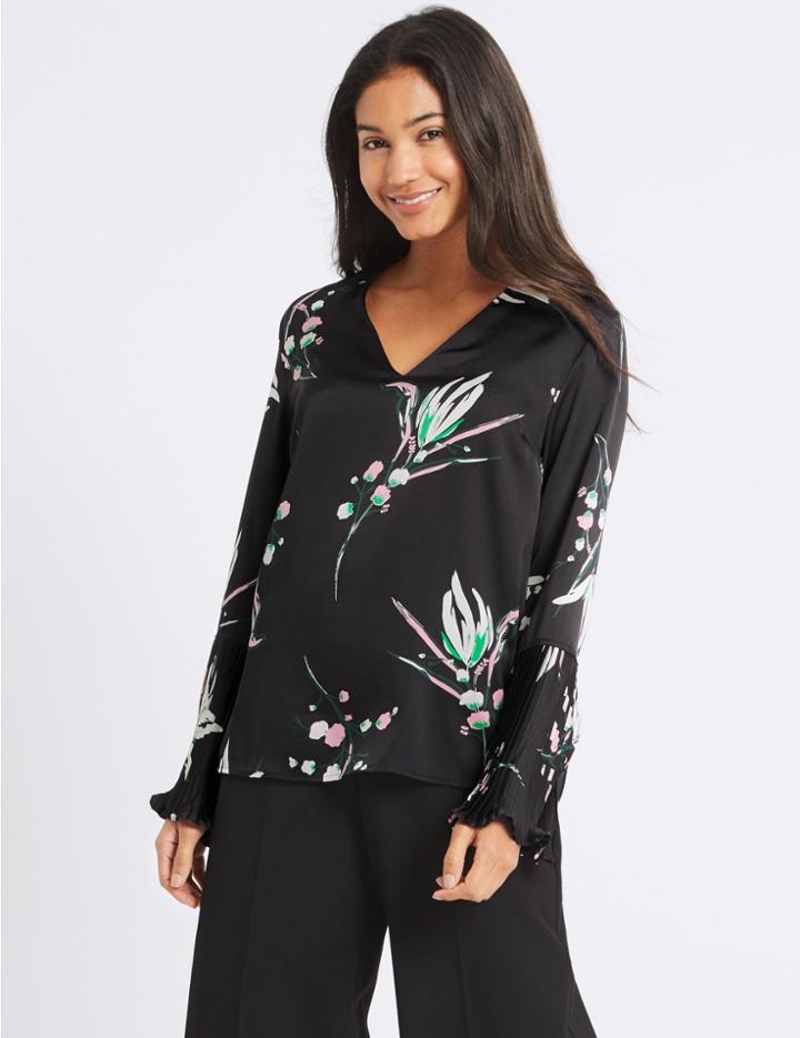 Marks & Spencer Printed Pleated Sleeve V-neck Blouse Black Mix