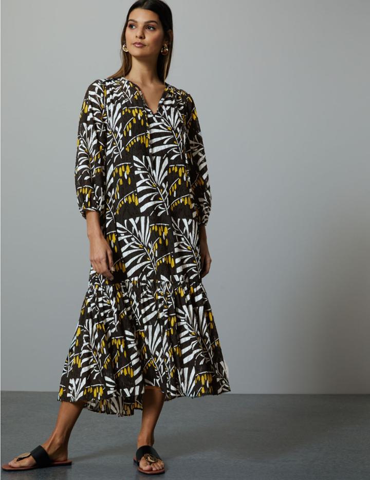 Marks & Spencer Leaf Print 3/4 Sleeve Relaxed Midi Dress Black Mix
