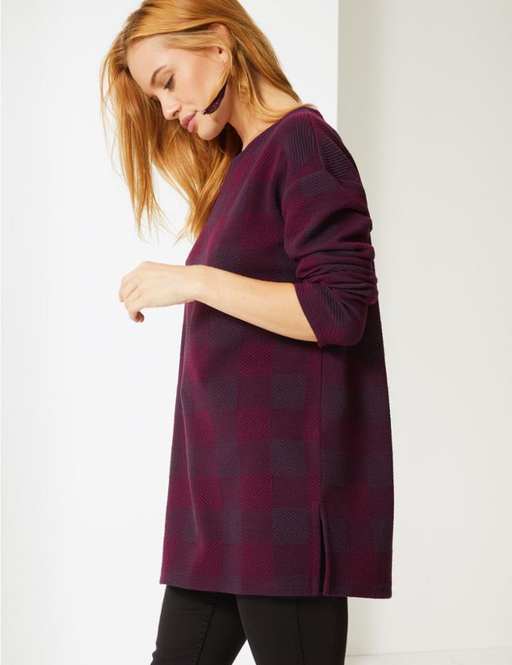 Marks & Spencer Petite Checked Round Neck Long Sleeve Tunic Plum Mix