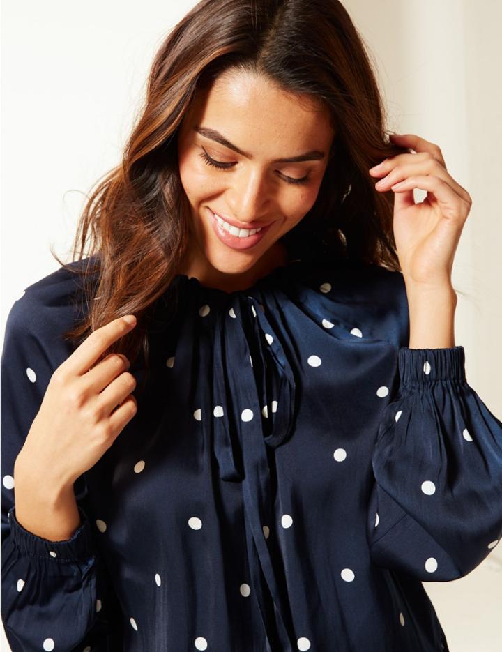 Marks & Spencer Polka Dot Round Neck Long Sleeve Blouse Dark Navy Mix