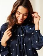 Marks & Spencer Polka Dot Round Neck Long Sleeve Blouse Dark Navy Mix