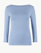 Marks & Spencer Cotton Rich Slash Neck 3/4 Sleeve T-shirt Pale Blue