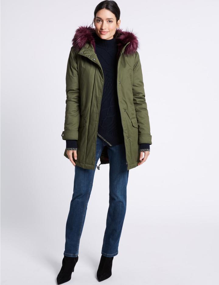 Marks & Spencer Pure Cotton Faux Fur Trim Parka Khaki