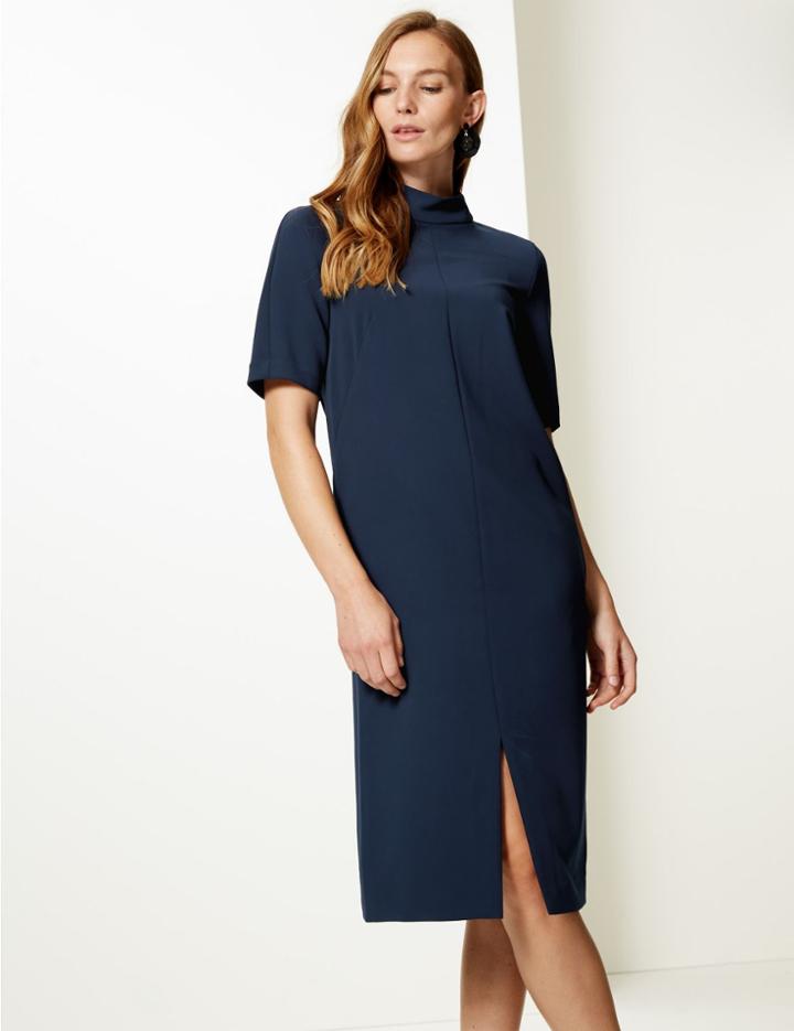 Marks & Spencer Heavy Crepe Half Sleeve Shift Dress Navy