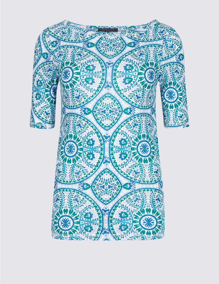 Marks & Spencer Pure Cotton Tile Print Half Sleeve T-shirt Green Mix