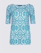 Marks & Spencer Pure Cotton Tile Print Half Sleeve T-shirt Green Mix