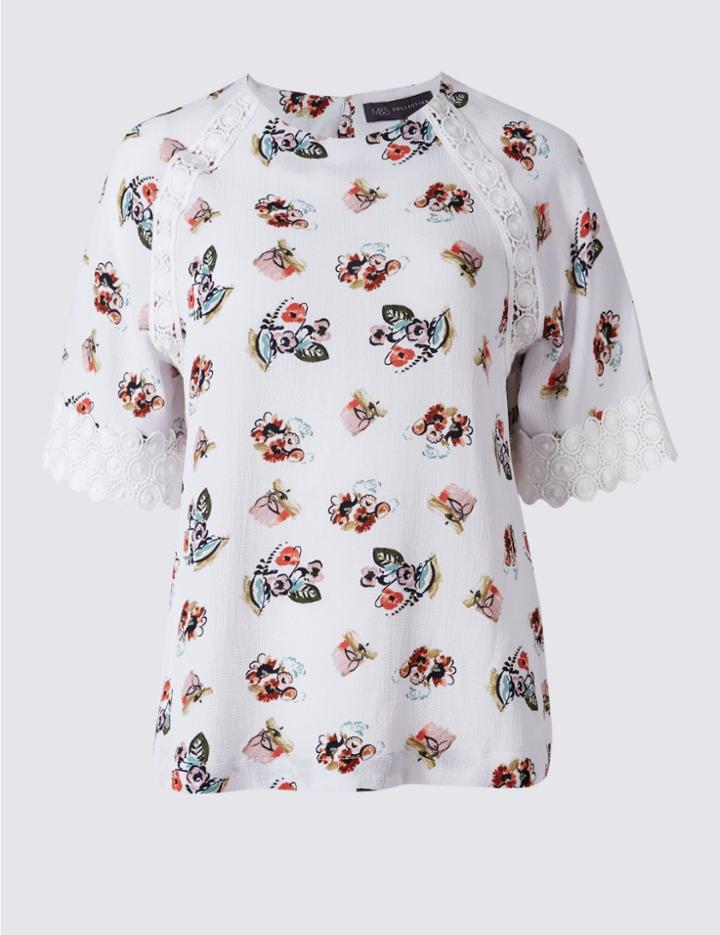 Marks & Spencer Petite Ditsy Print Crochet Trim Shell Top Ivory Mix