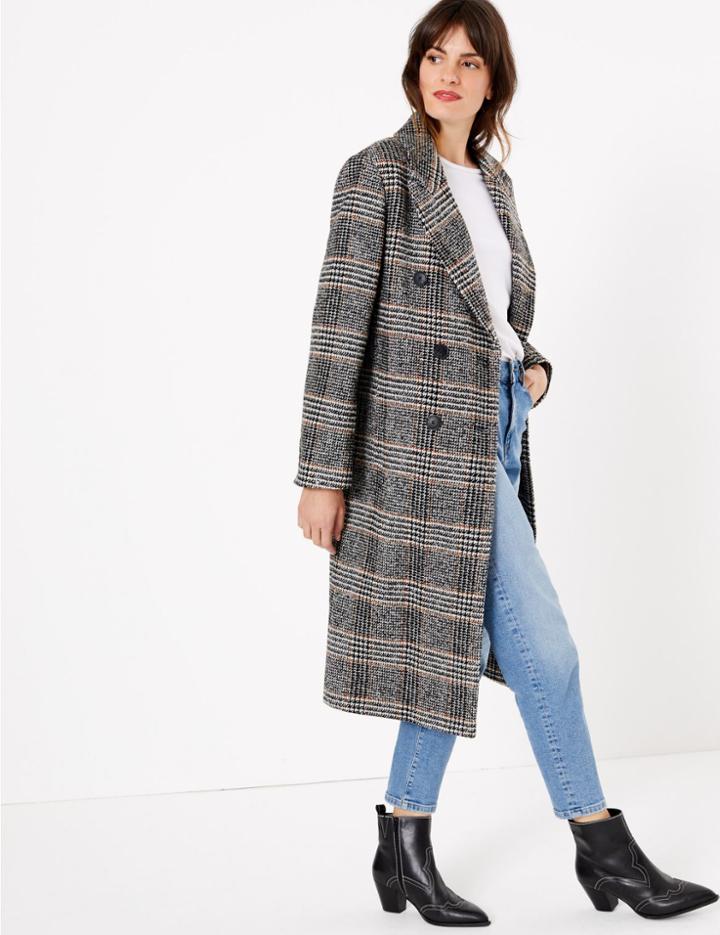 Marks & Spencer Checked Overcoat Black Mix