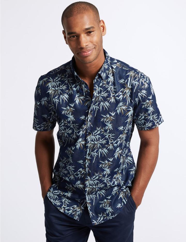 Marks & Spencer Cotton Rich Slim Fit Printed Shirt Indigo Mix