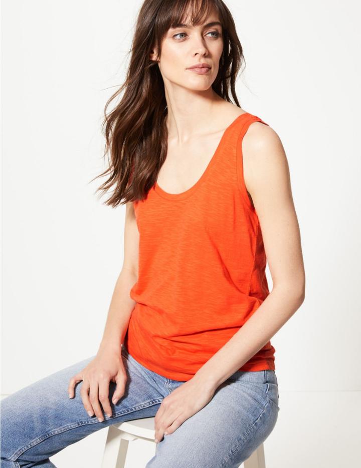 Marks & Spencer Scoop Neck Straight Fit Slub Vest Top Mango