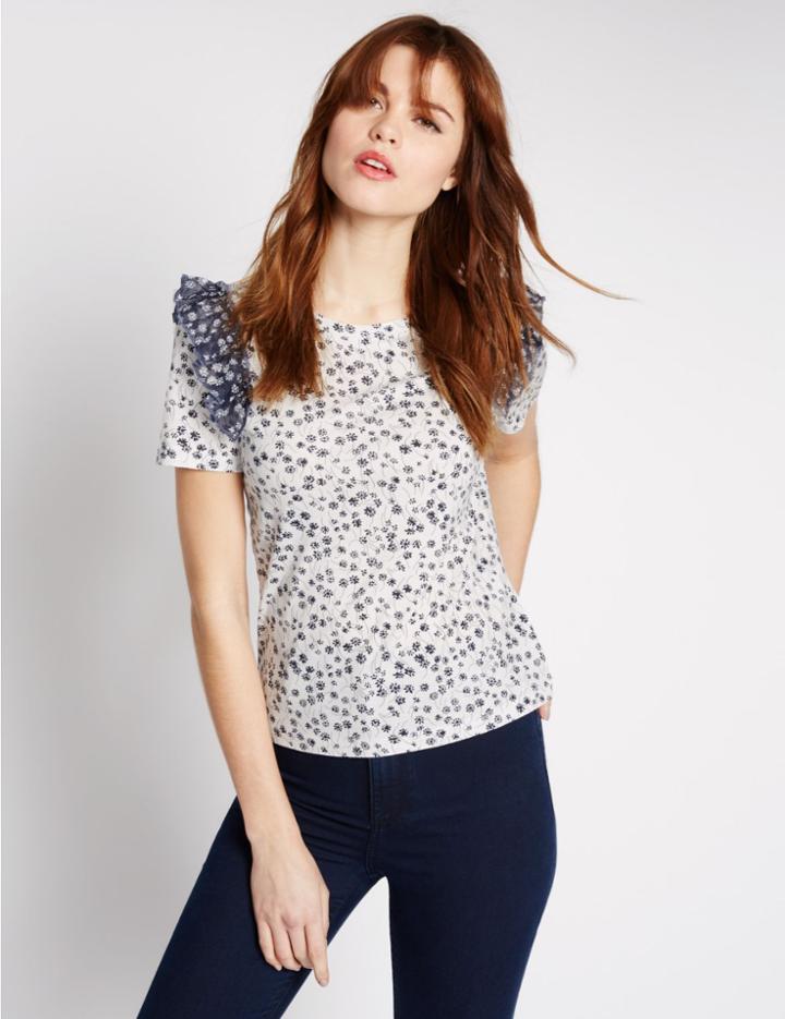 Marks & Spencer Modal Blend Ditsy Floral Print T-shirt Ivory Mix