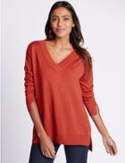 Marks & Spencer Dropped Hem V-neck Jumper Burnt Orange