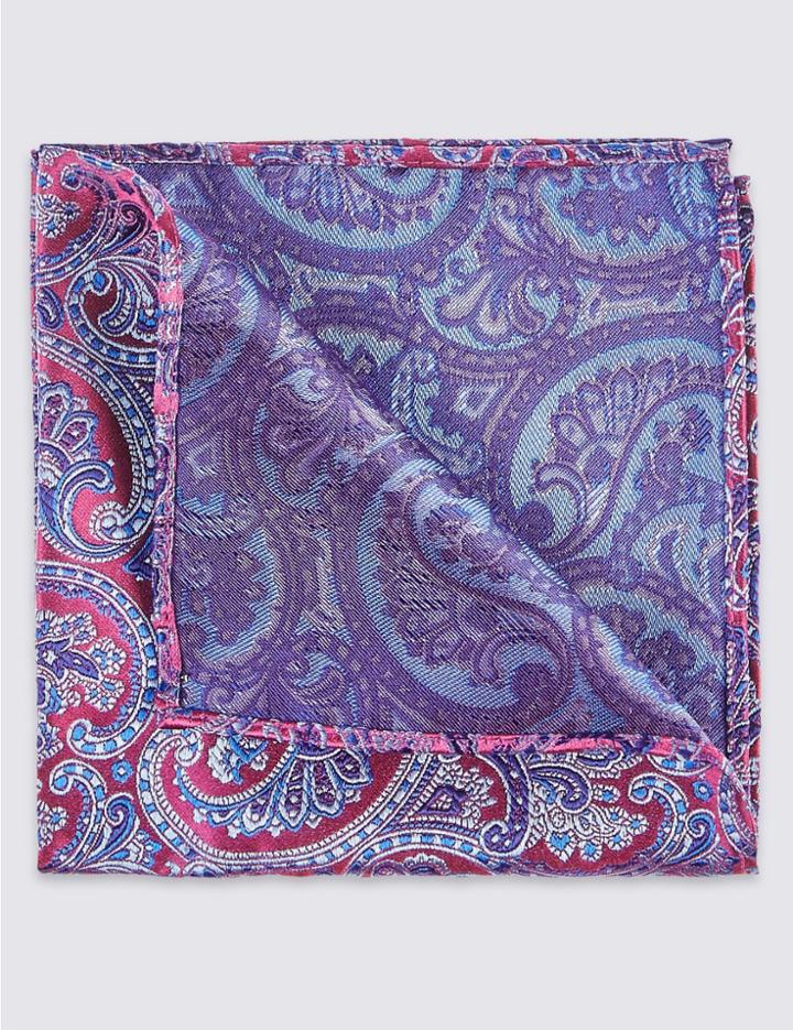 Marks & Spencer Pure Silk Paisley Print Pocket Square Pink Magenta