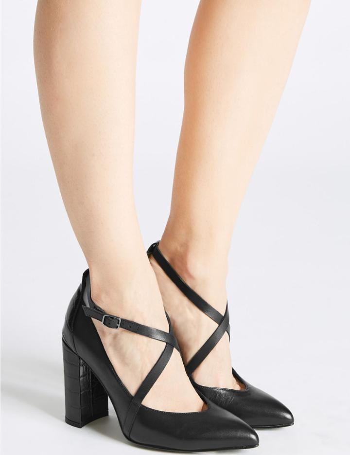 Marks & Spencer Leather Block Heel Cross Strap Court Shoes Black Mix